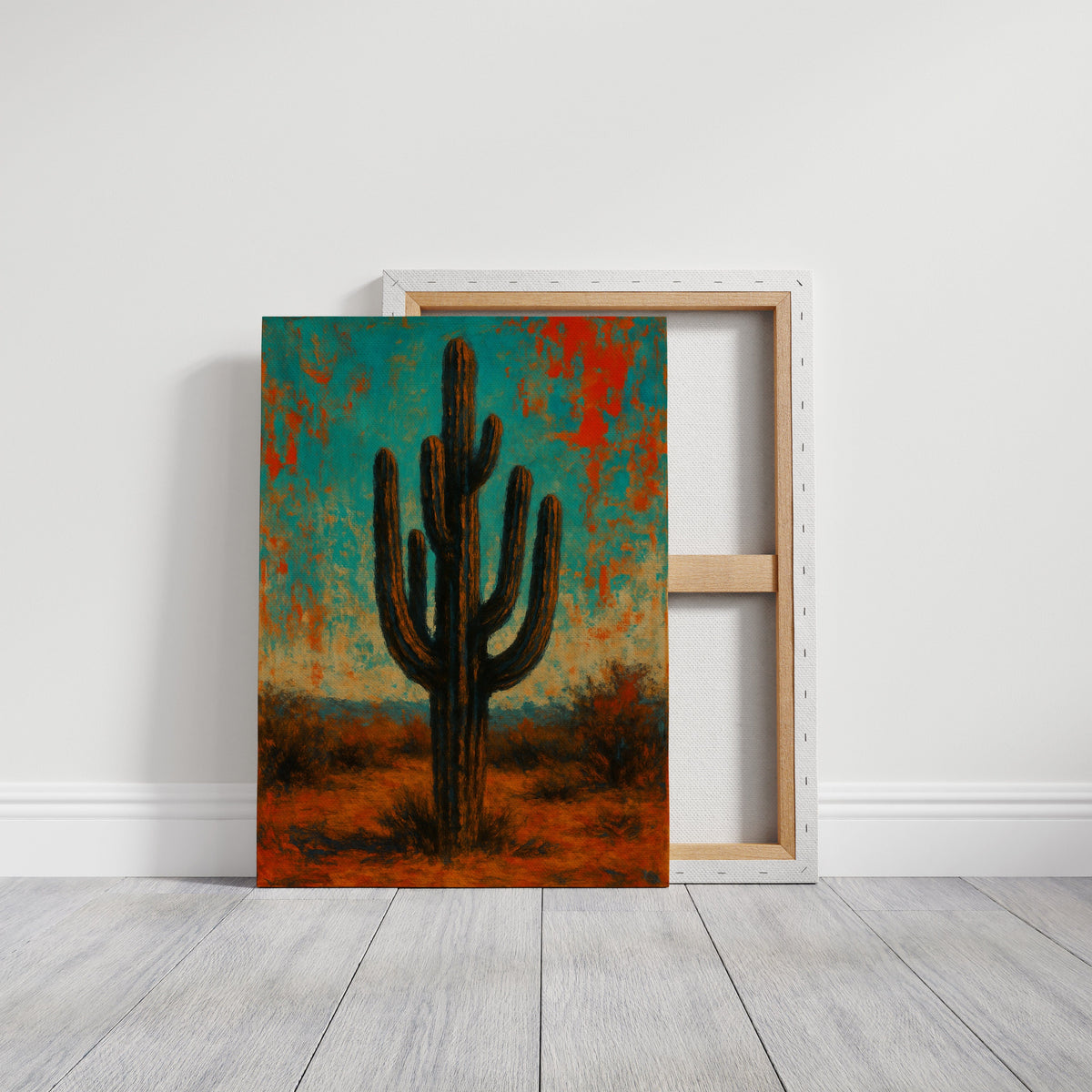 Lone Saguaro abstract cactus painting under turquoise and crimson sky, view 15