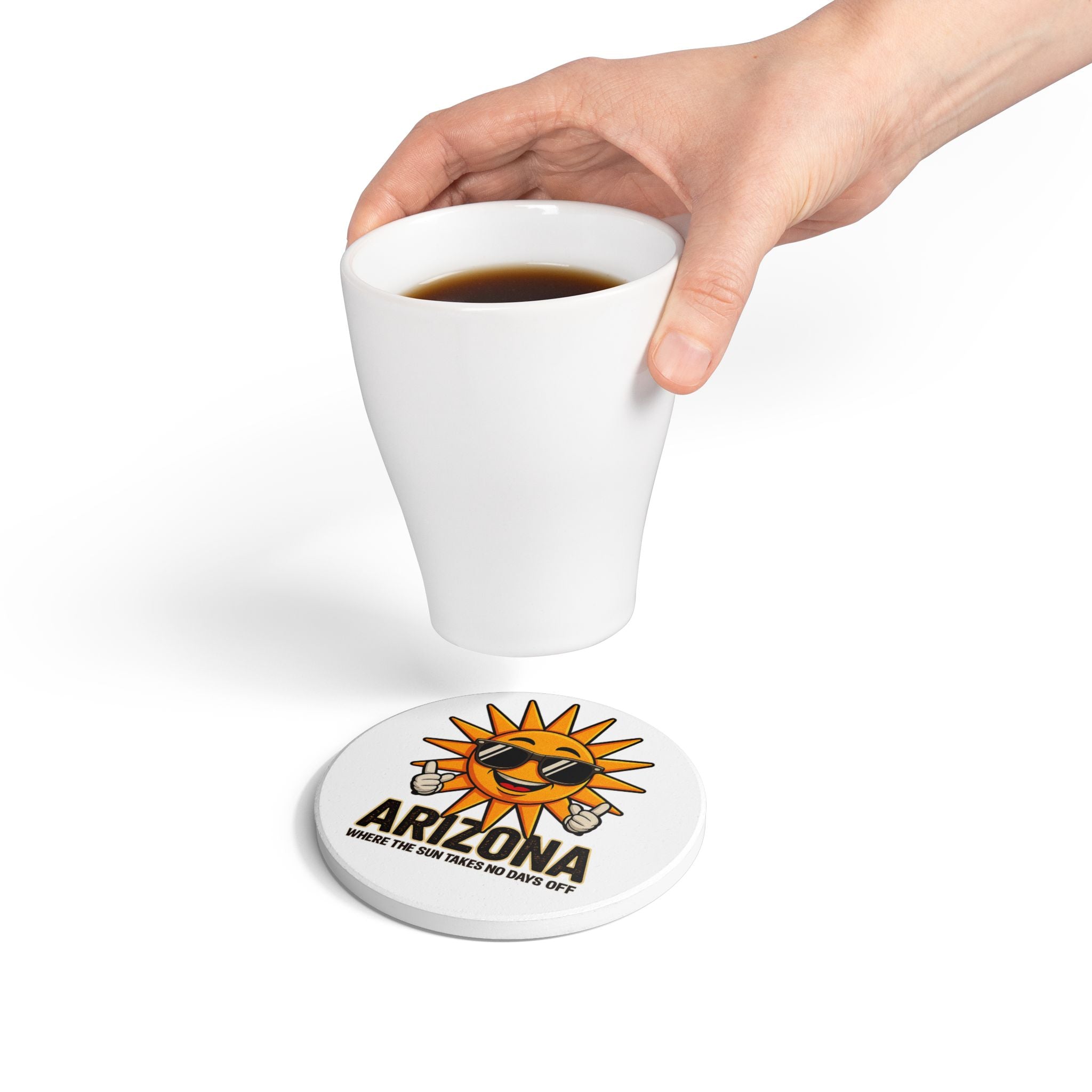 Arizona Sunny Logo Ceramic Coaster — "Where the Sun Takes No Days Off"