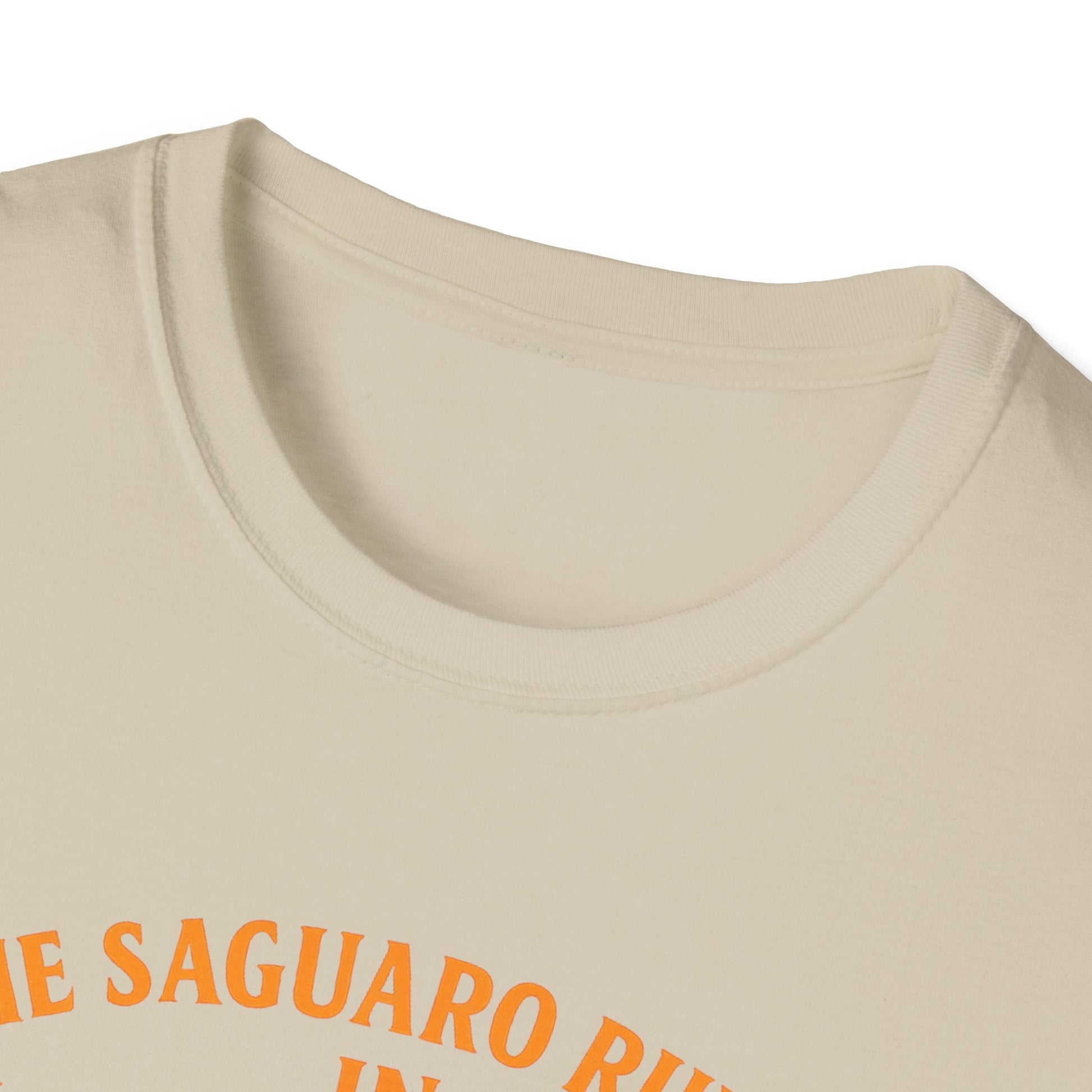 Close-up of Arizona Saguaro Sunset unisex softstyle t-shirt collar, showcasing desert vibes design.