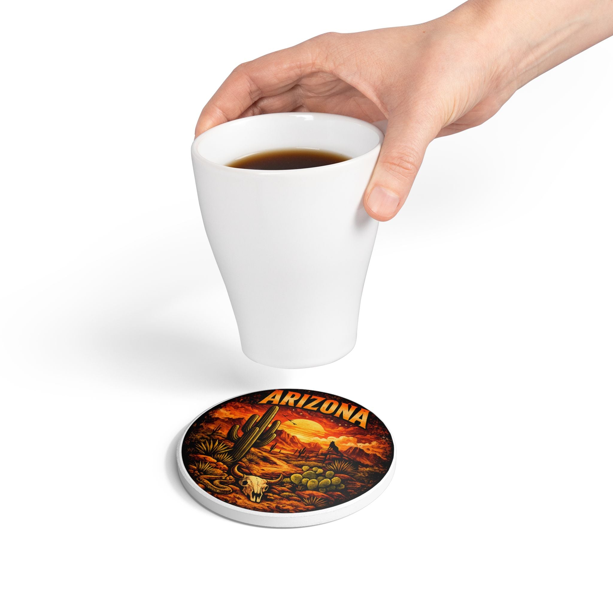 Arizona Desert Ceramic Coaster — Southwestern Sunset Cactus Design