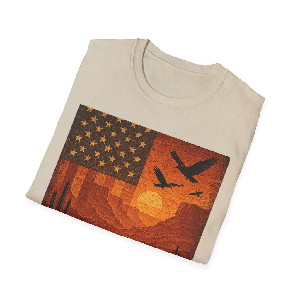 Arizona Sunset vintage graphic t-shirt in softstyle fabric, featuring a desert scene and American flag design.