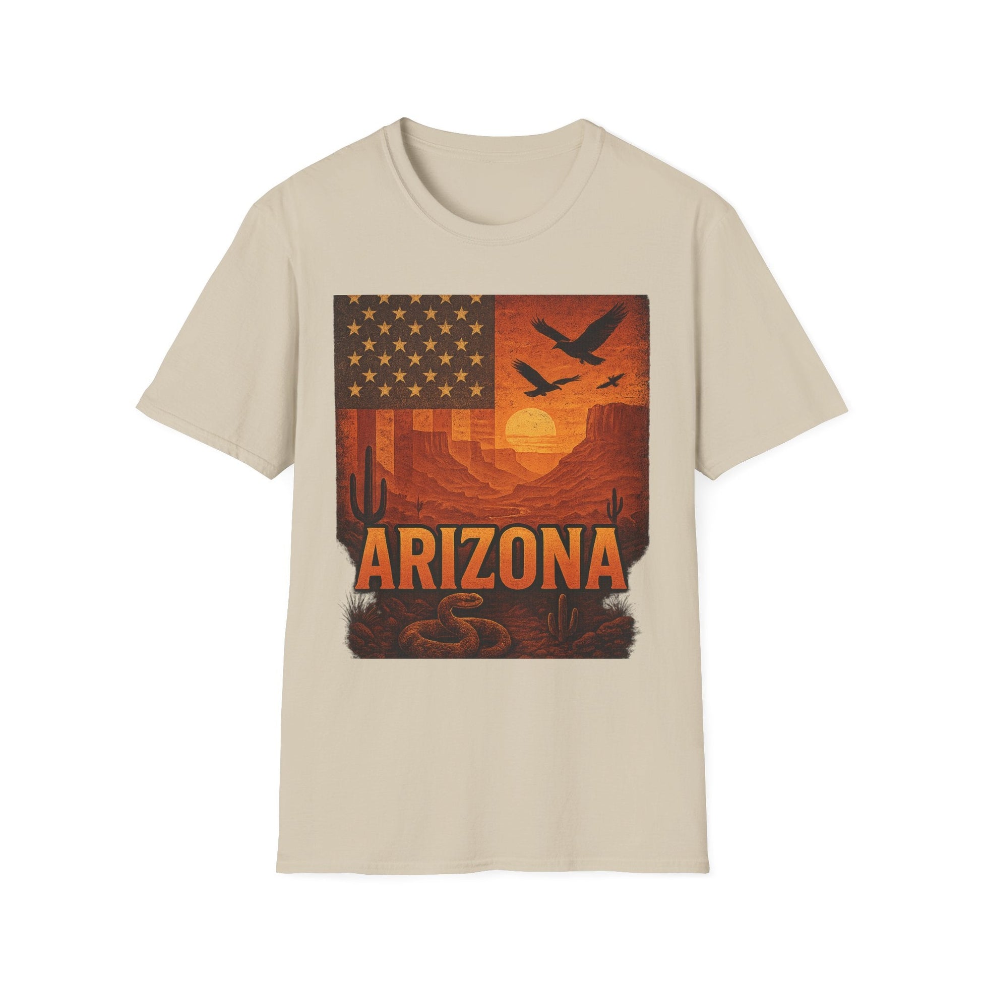 Arizona Sunset unisex softstyle t-shirt featuring vintage desert graphic and American flag design.