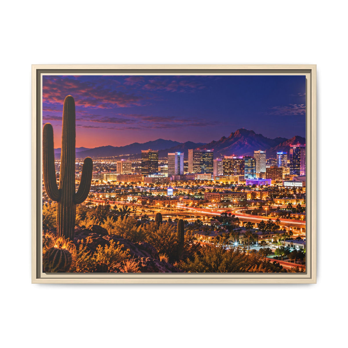 Framed Phoenix skyline canvas with saguaro cactus, Arizona wall art