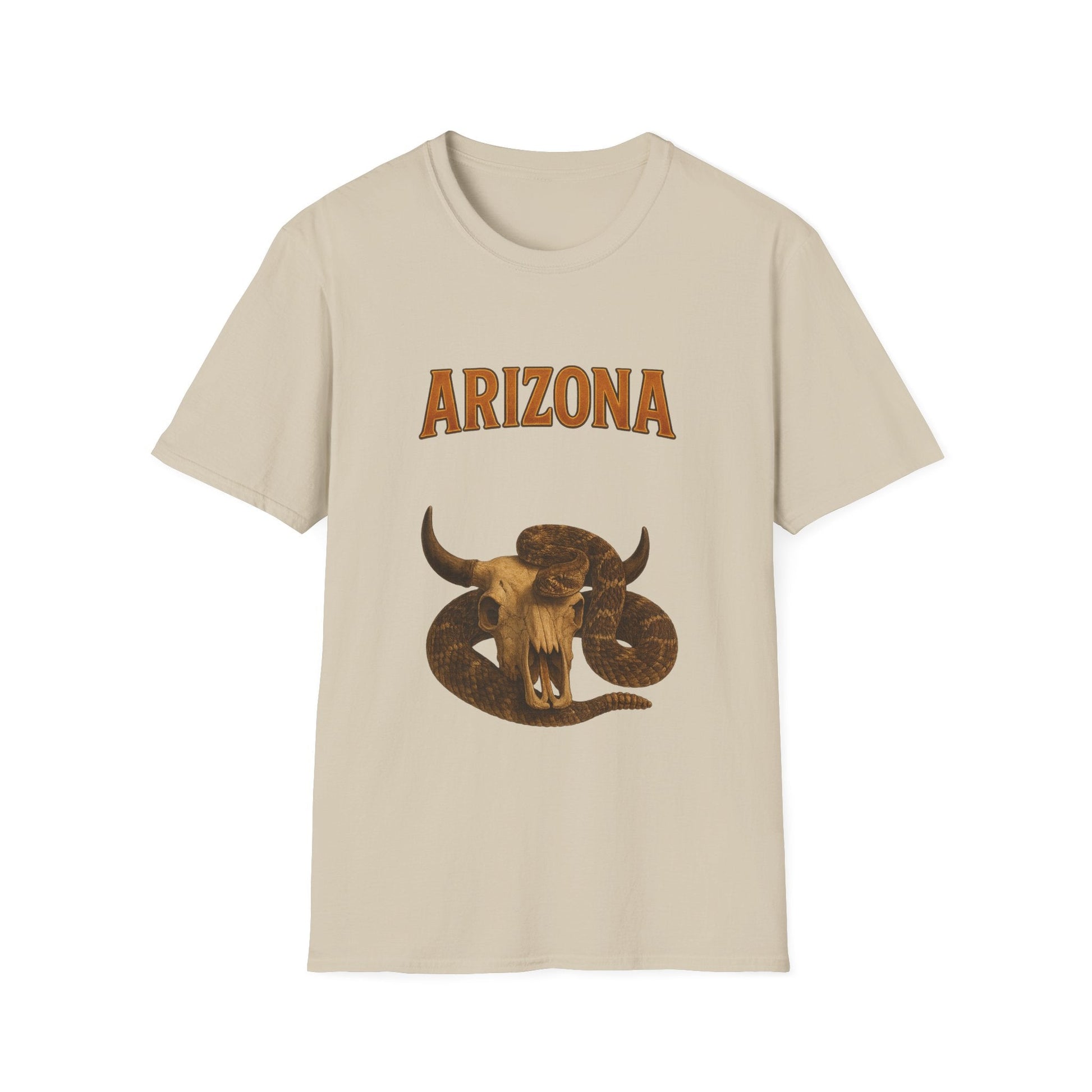 Arizona graphic t-shirt featuring a rattlesnake and bull design on a softstyle unisex tee.