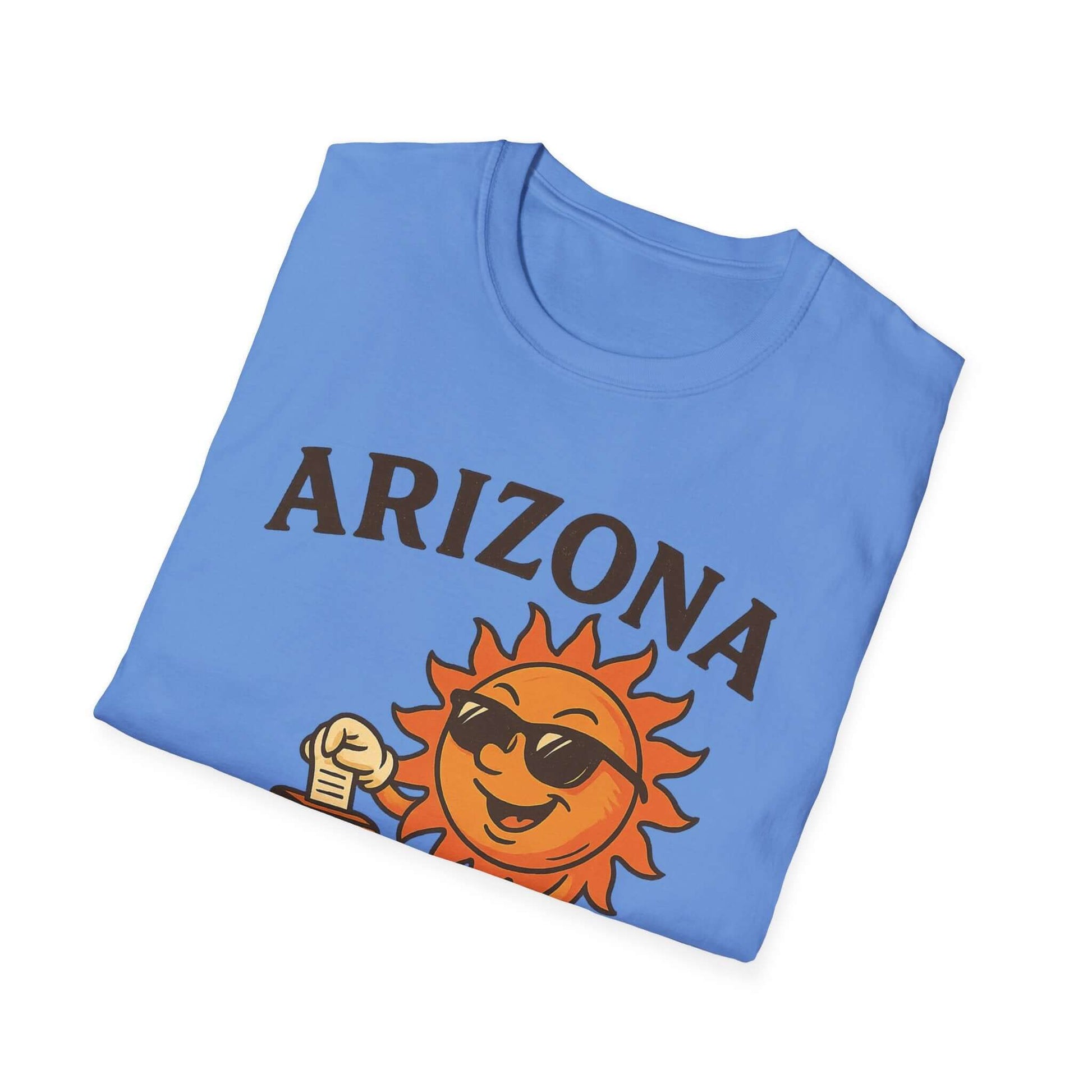 Light blue Arizona T-shirt with a playful sun graphic and sunglasses, ideal for summer and casual outings.