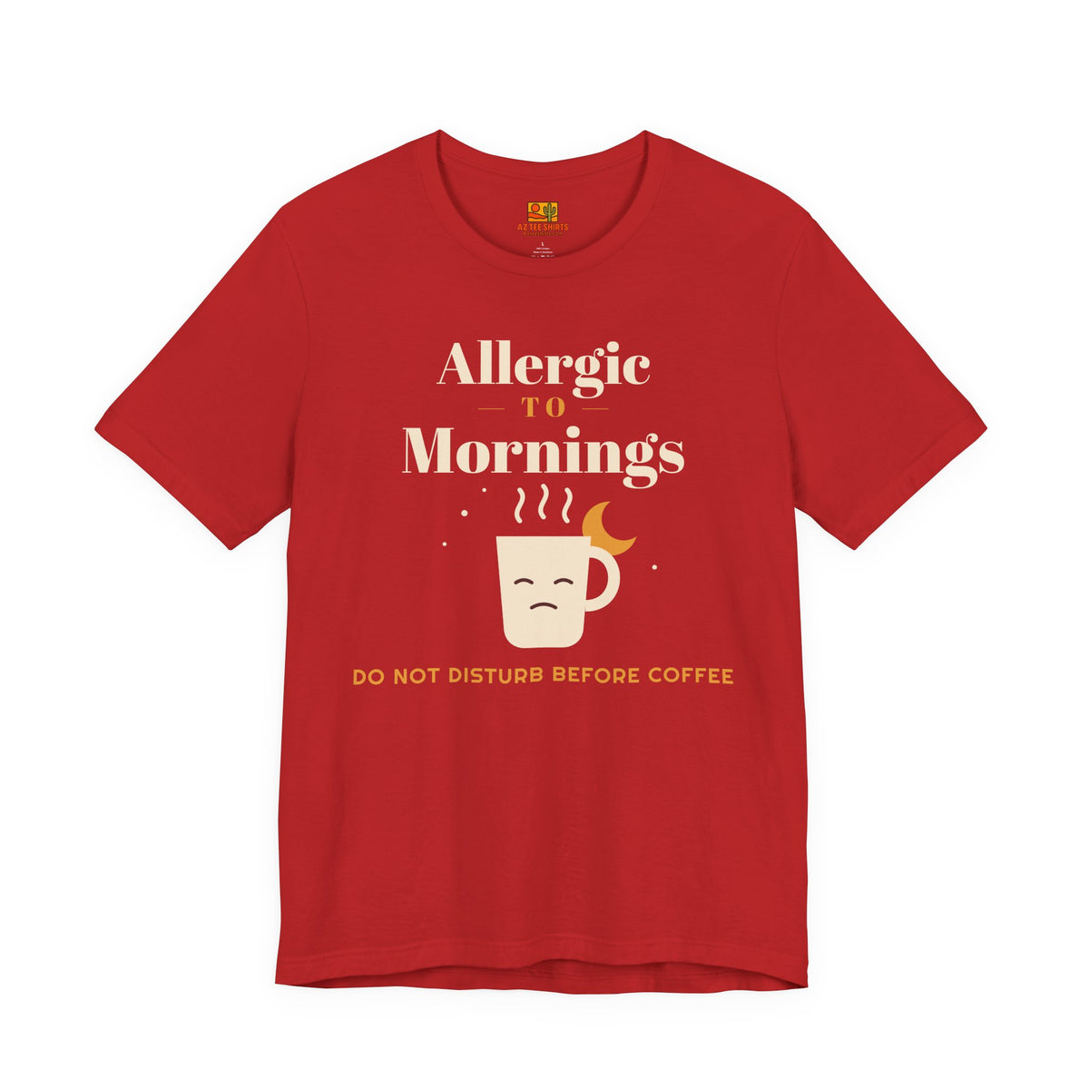 Allergic to Mornings T-shirt in red with coffee mug graphic