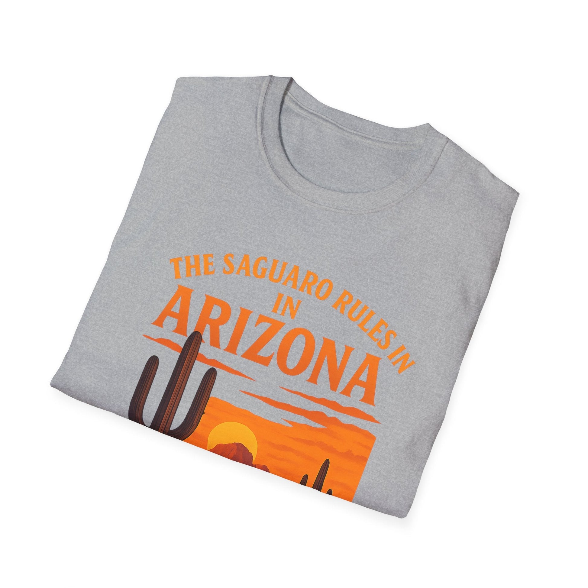 Gray unisex t-shirt featuring 'The Saguaro Rules in Arizona' design with sunset and cacti illustration.