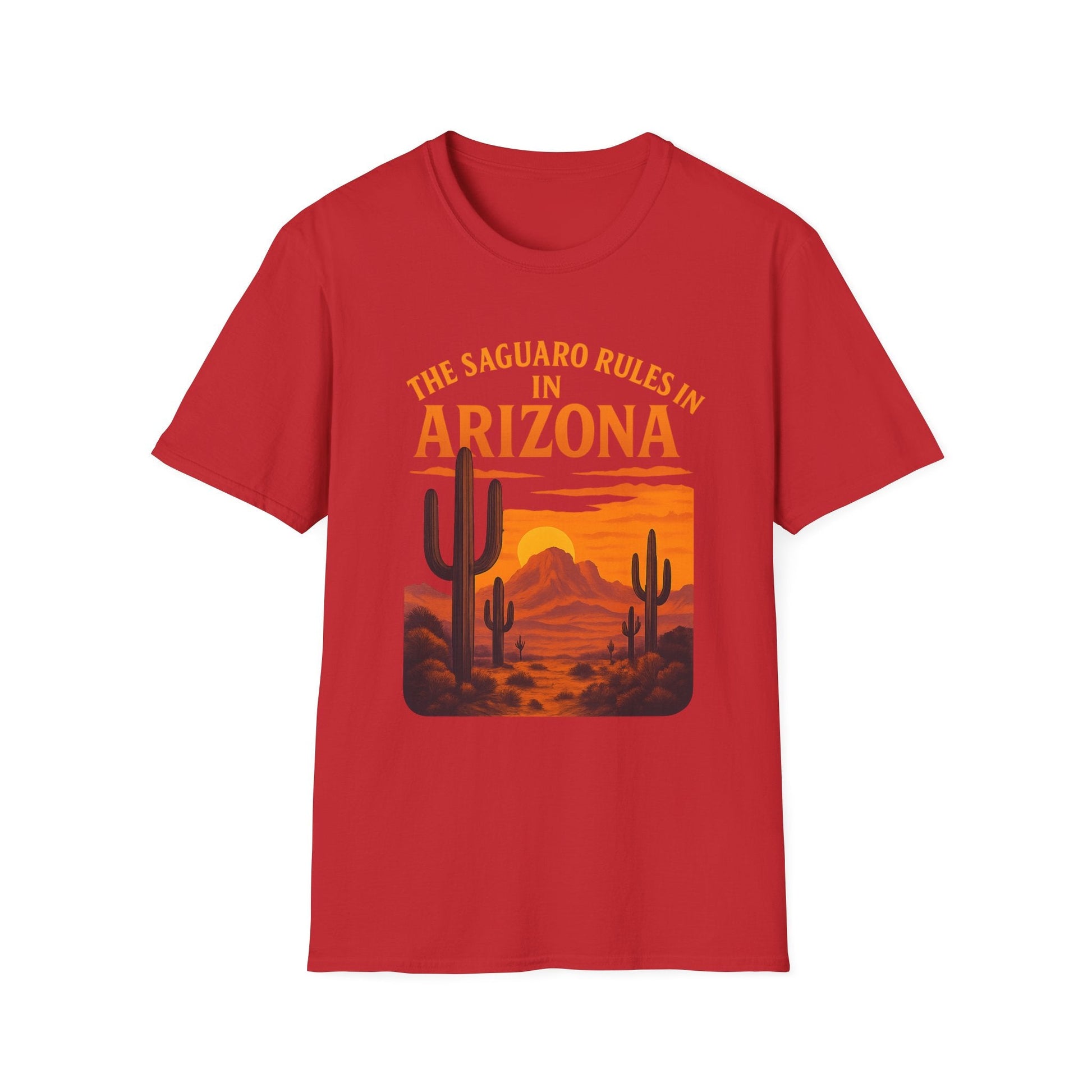 Red unisex t-shirt featuring a Saguaro cactus design celebrating Arizona's desert vibes.