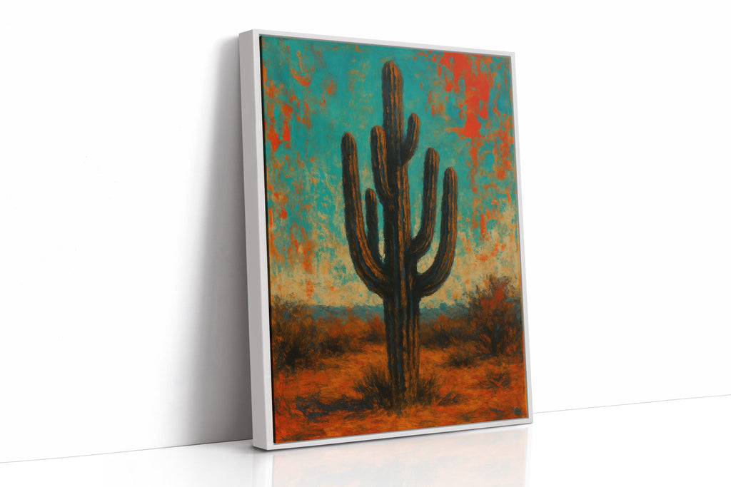 Lone Saguaro abstract cactus painting under turquoise and crimson sky, view 17