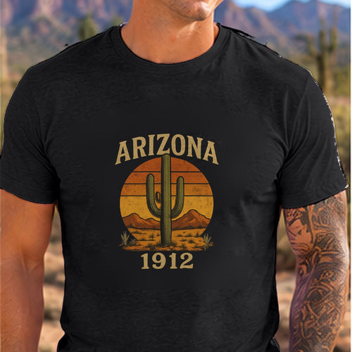 1912 Cactus Arizona T-shirt worn by a man in the Arizona desert
