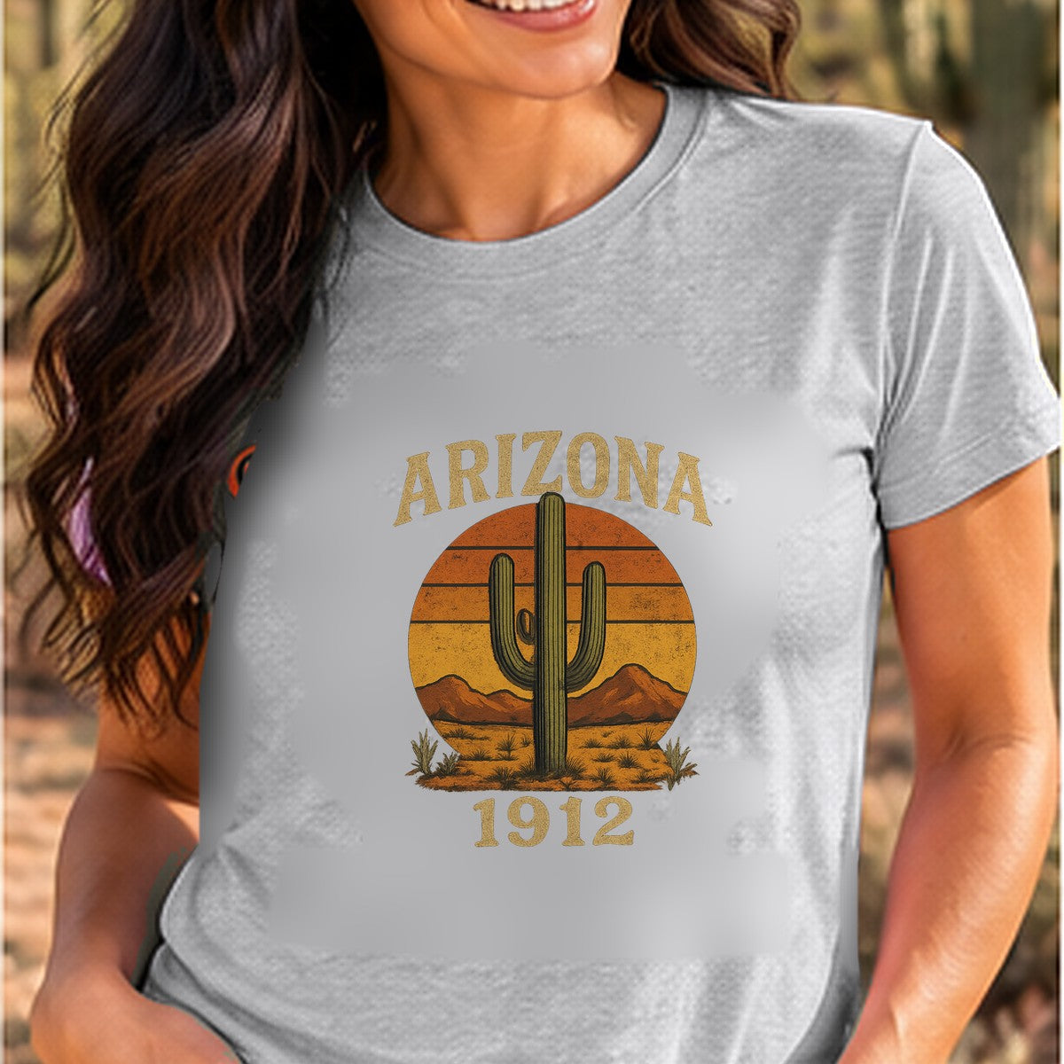 1912 Cactus Arizona T-shirt worn by a woman in the Arizona desert