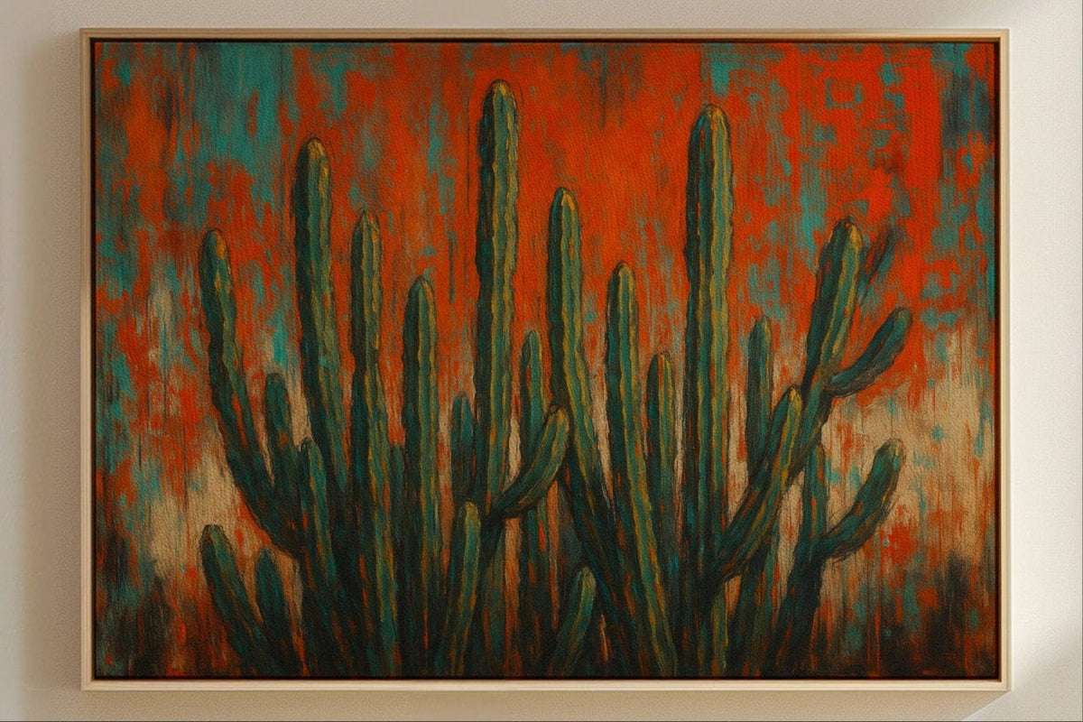 Southwest Blaze abstract cactus painting in orange and turquoise