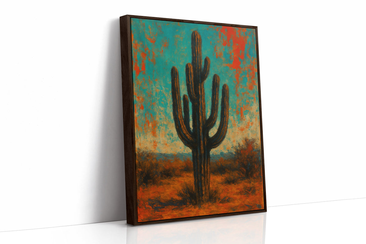 Lone Saguaro abstract cactus painting under turquoise and crimson sky, view 18