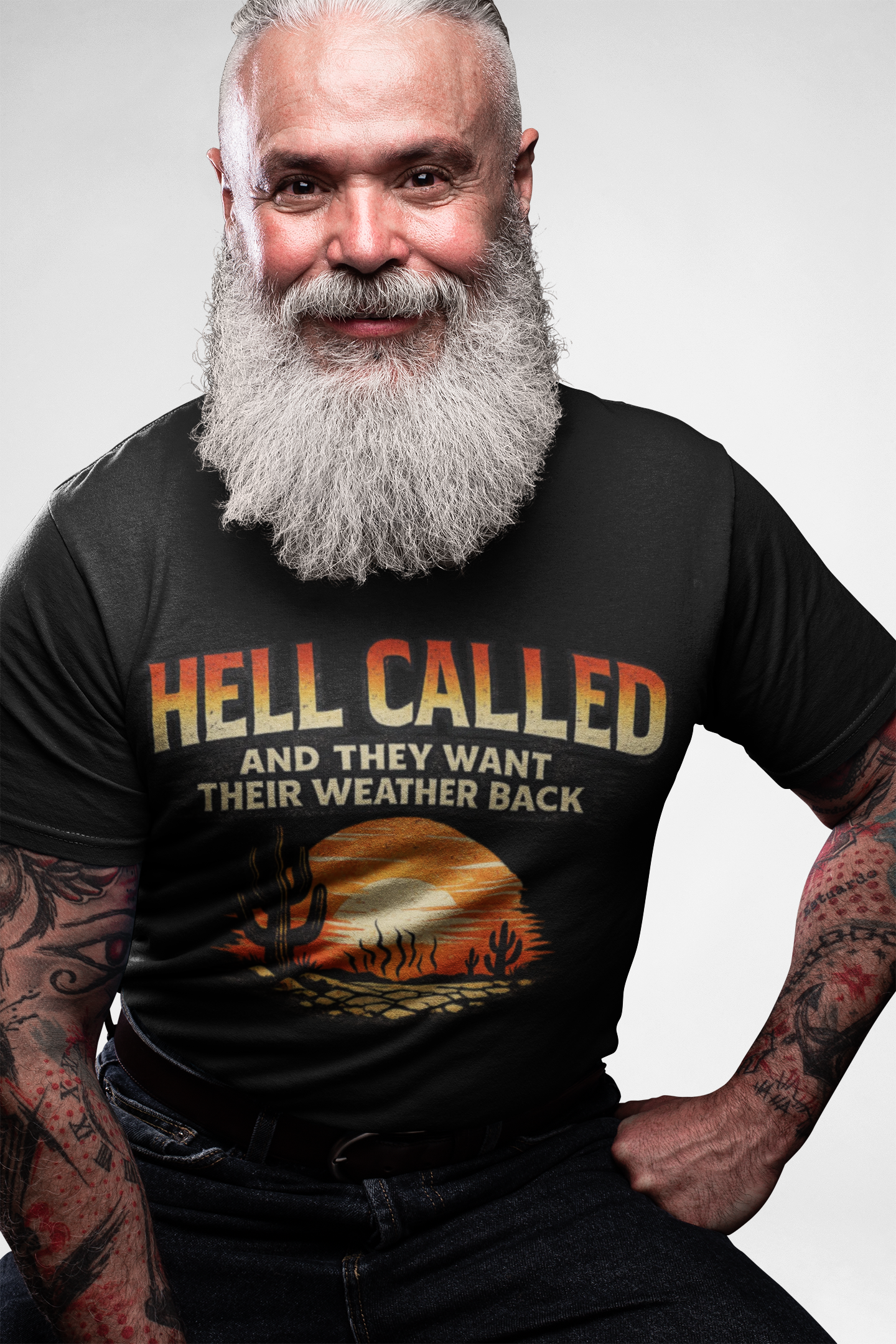 Hell Called Sunset T-Shirt — "Hell Called and They Want Their Weather Back" Desert Graphic Tee — side view