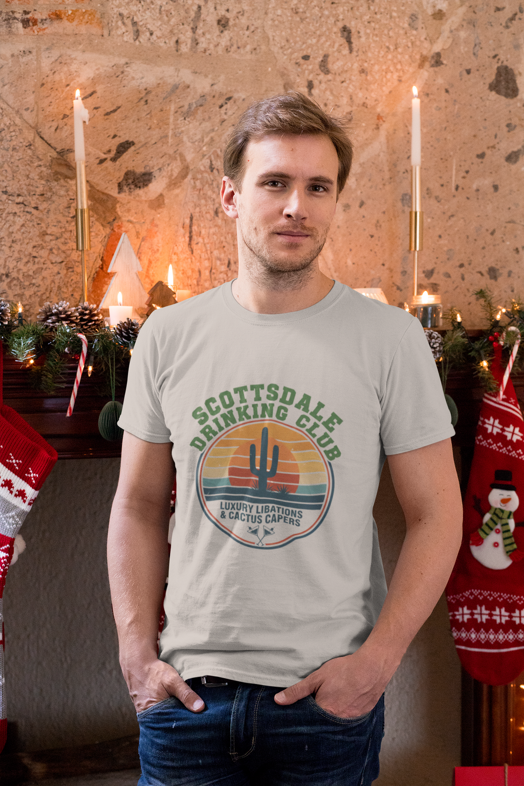 Scottsdale Drinking Club Retro Cactus Sunset Tee — side view