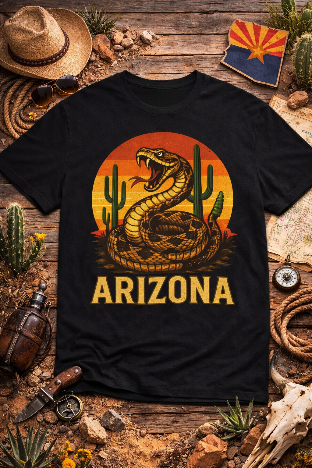 Arizona Rattlesnake Vintage Sunset Tee — front view