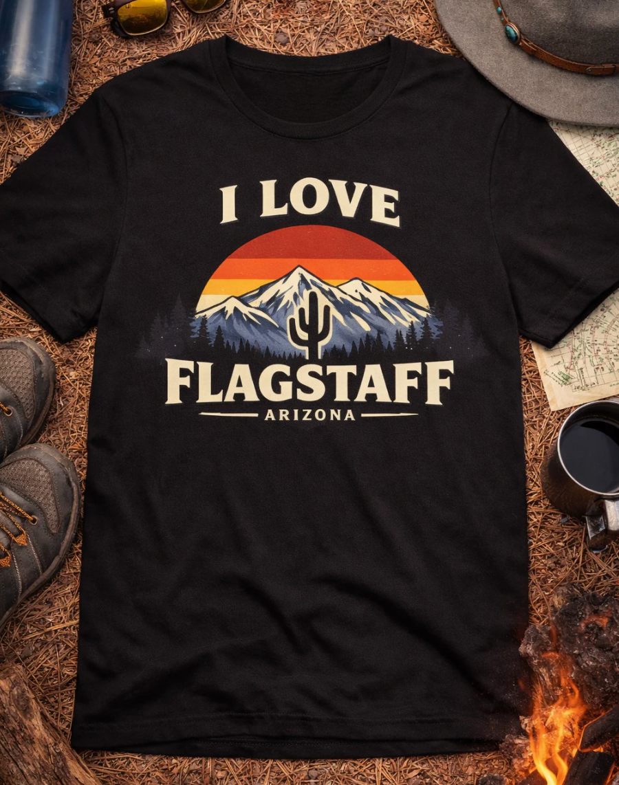 I Love Flagstaff Retro Mountain T‑Shirt — Flagstaff, AZ Travel Tee — front view