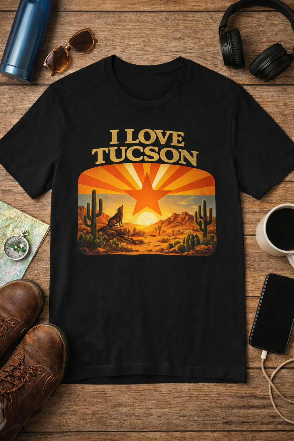 I Love Tucson Sunset Vintage Desert Cactus T‑Shirt — front view