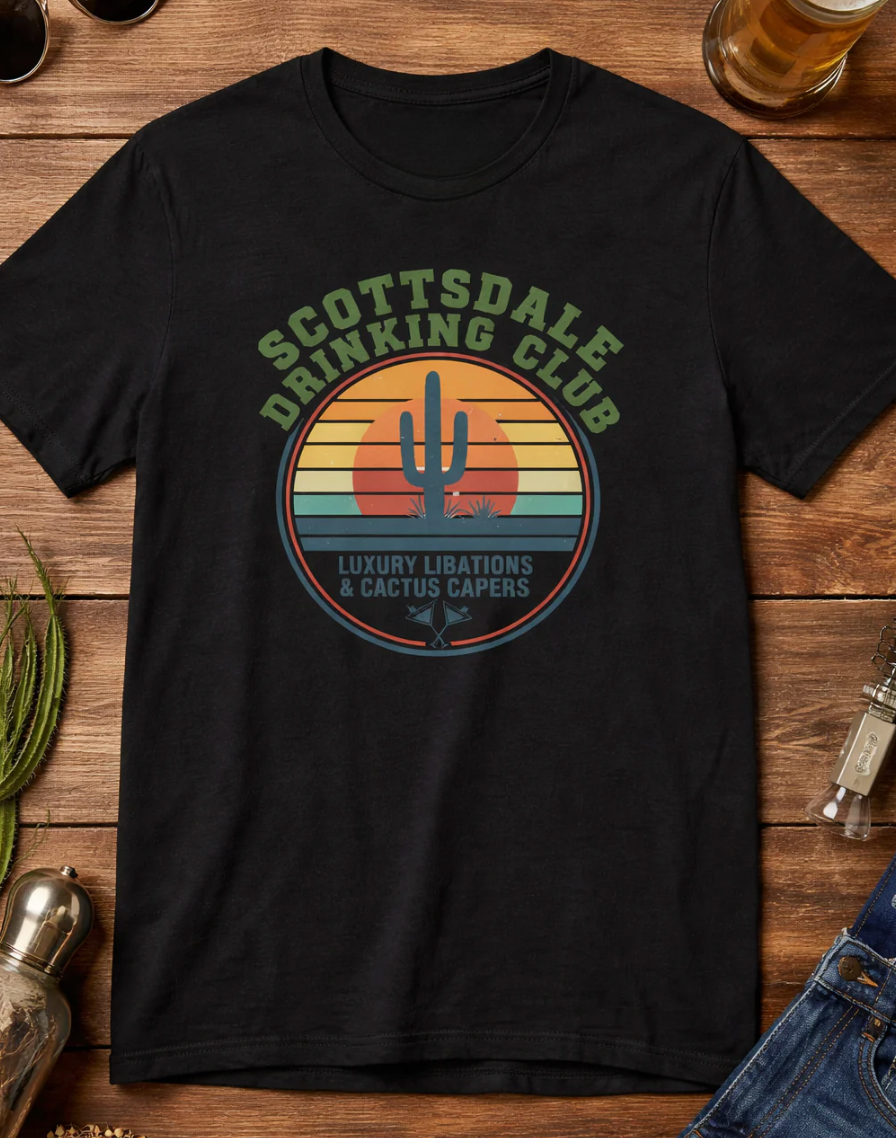 Scottsdale Drinking Club Retro Cactus Sunset Tee — front view