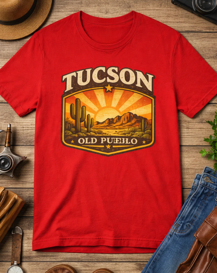 Tucson Vintage Sunset Tee — 'Old Pueblo' Desert Graphic T-Shirt — front view