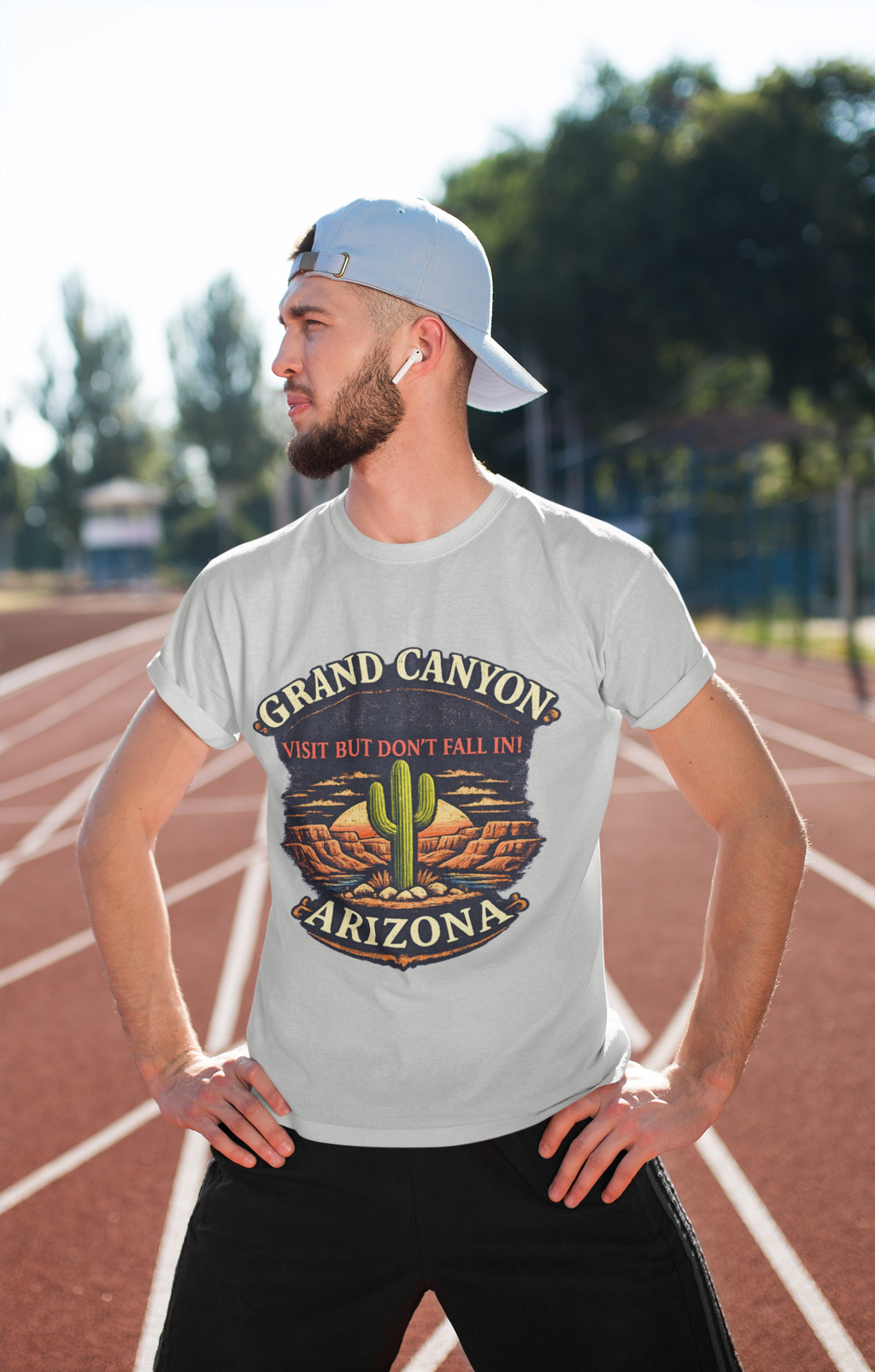 Grand Canyon 'Visit But Don't Fall In' T-Shirt — Arizona Desert Cactus Souvenir — detail view