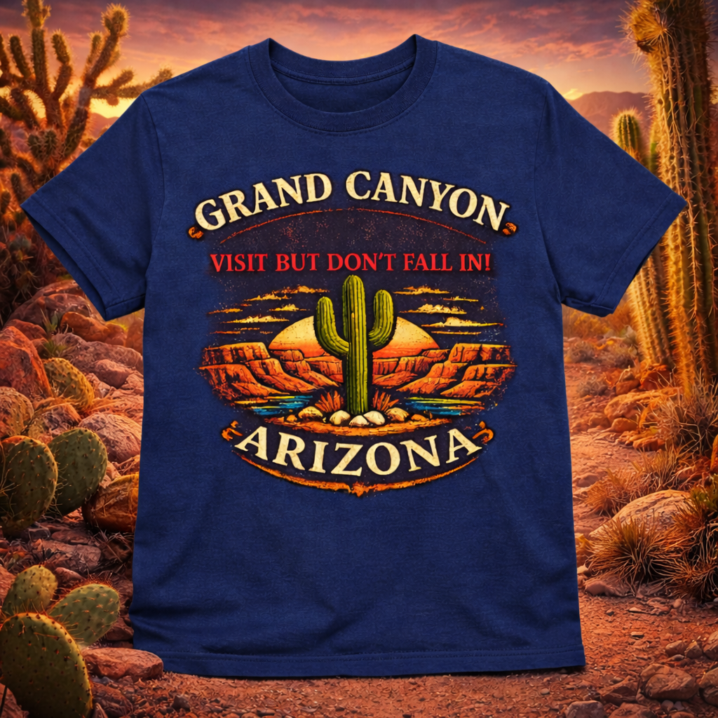 Grand Canyon 'Visit But Don't Fall In' T-Shirt — Arizona Desert Cactus Souvenir — front view