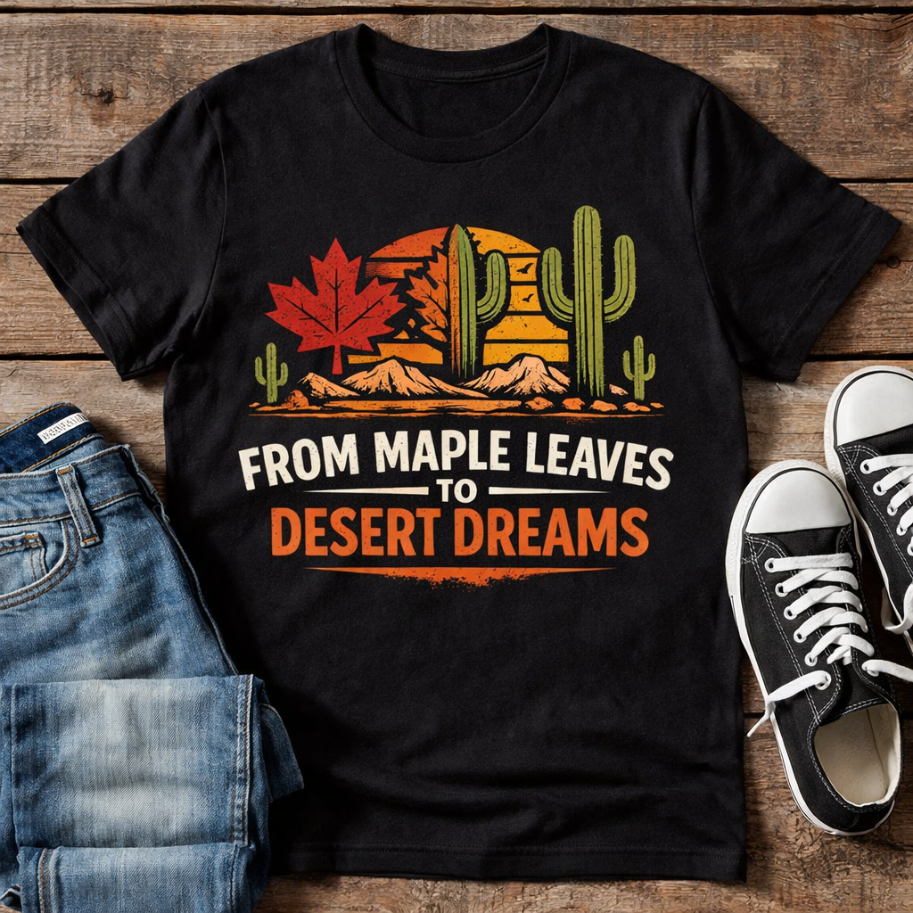 Maple Leaves to Desert Dreams T-Shirt — Nature-Inspired Scenic Tee — front view