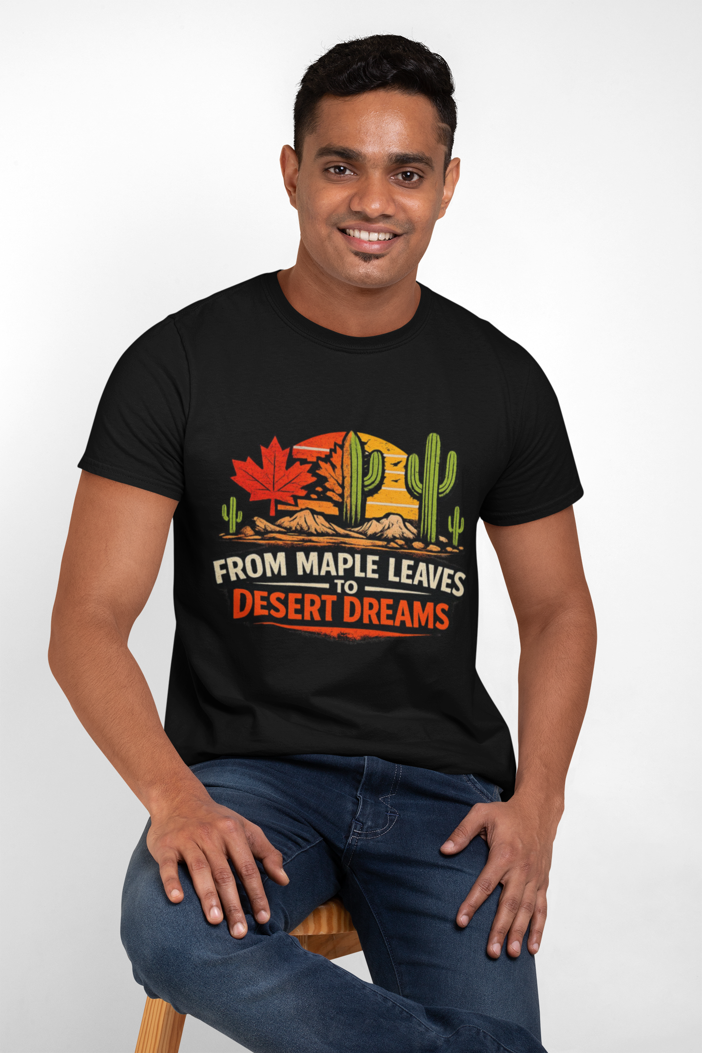 Maple Leaves to Desert Dreams T-Shirt — Nature-Inspired Scenic Tee — side view