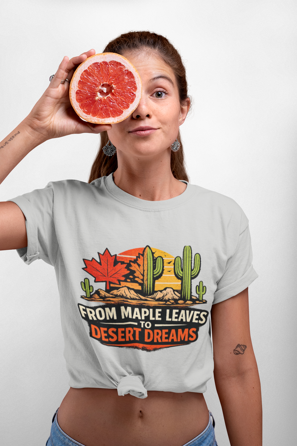 Maple Leaves to Desert Dreams T-Shirt — Nature-Inspired Scenic Tee — back view