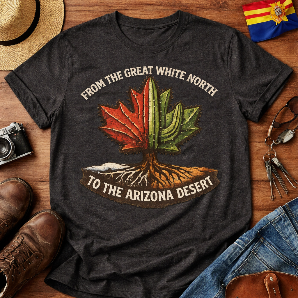 Canada to Arizona Travel Tee — "From the Great White North to the Arizona Desert" — front view