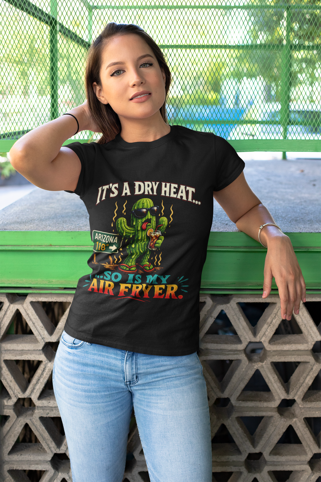 Funny Cactus 'It's a Dry Heat... So Is My Air Fryer' T-Shirt — side view