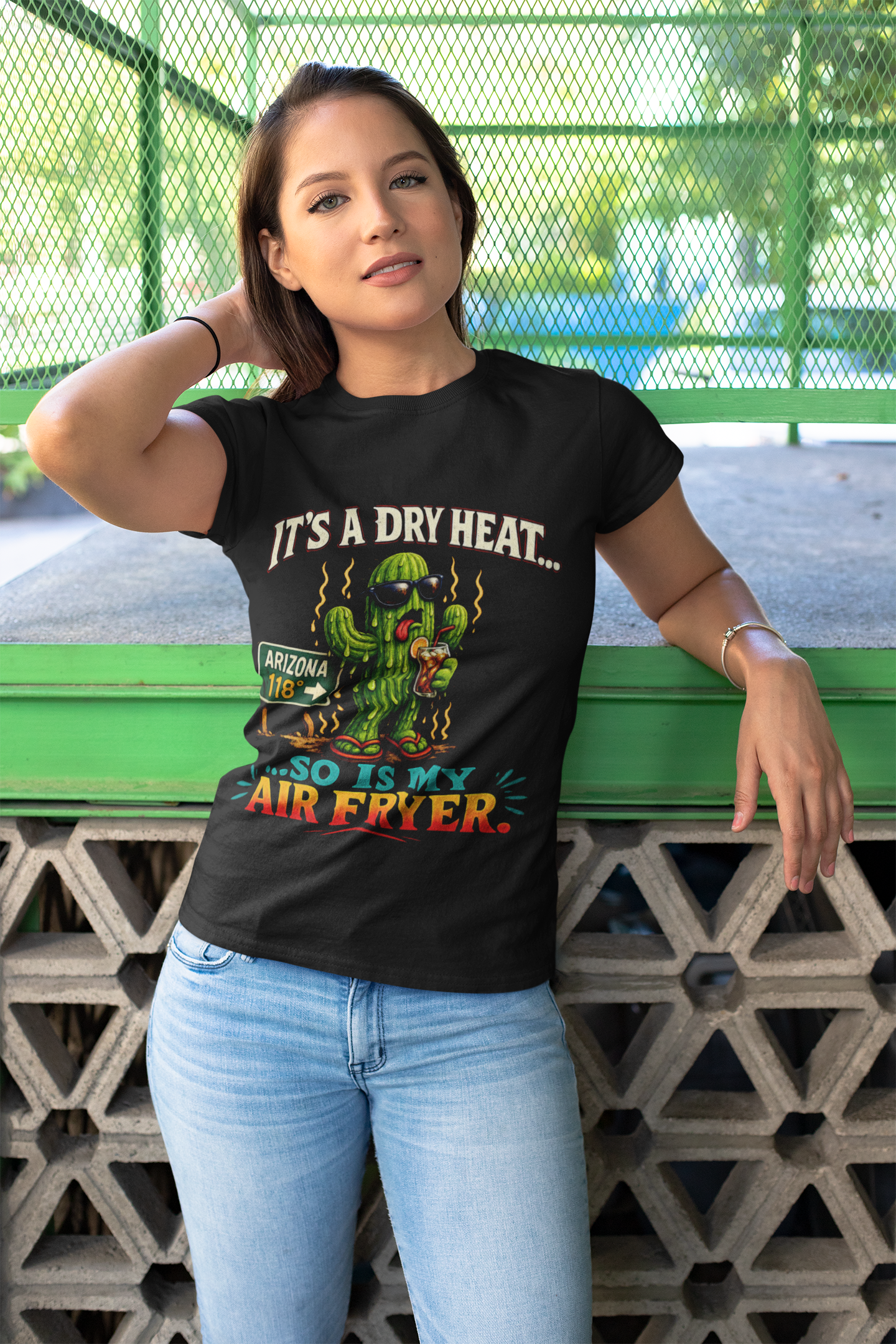 Funny Cactus 'It's a Dry Heat... So Is My Air Fryer' T-Shirt — side view
