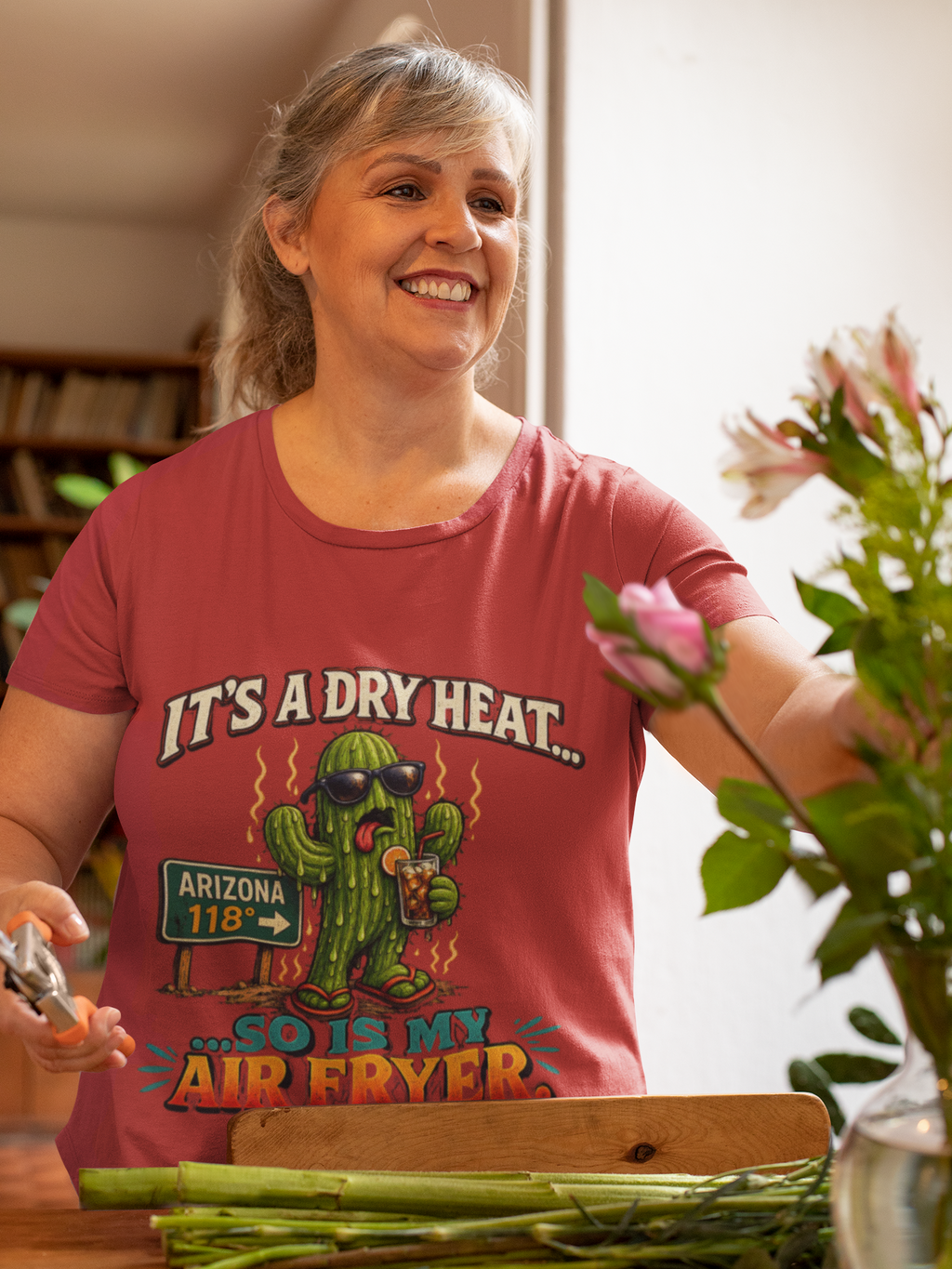Funny Cactus 'It's a Dry Heat... So Is My Air Fryer' T-Shirt — back view