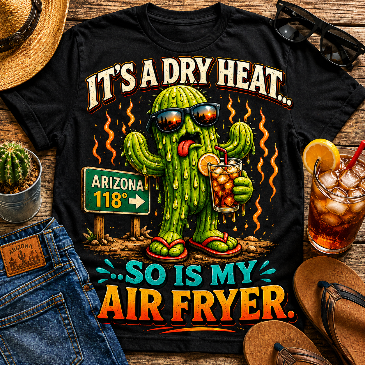 Funny Cactus 'It's a Dry Heat... So Is My Air Fryer' T-Shirt — front view