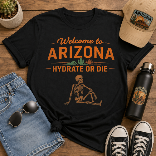Arizona 'Hydrate or Die' Tee — Welcome to Arizona Desert Skeleton T-Shirt — front view