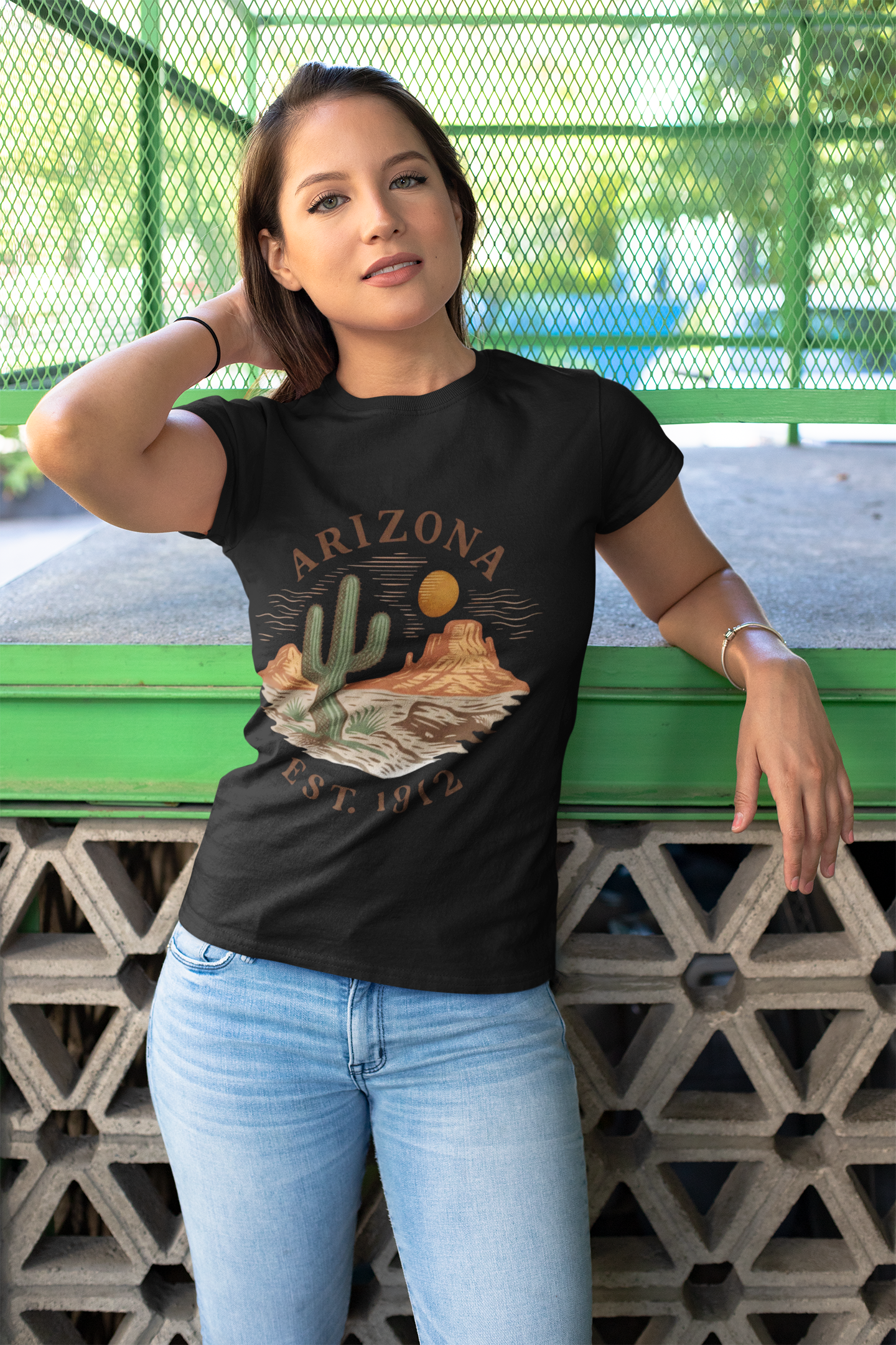 Arizona Desert Graphic Tee — 'Arizona Est. 1912' Cactus Sunset T-Shirt — back view