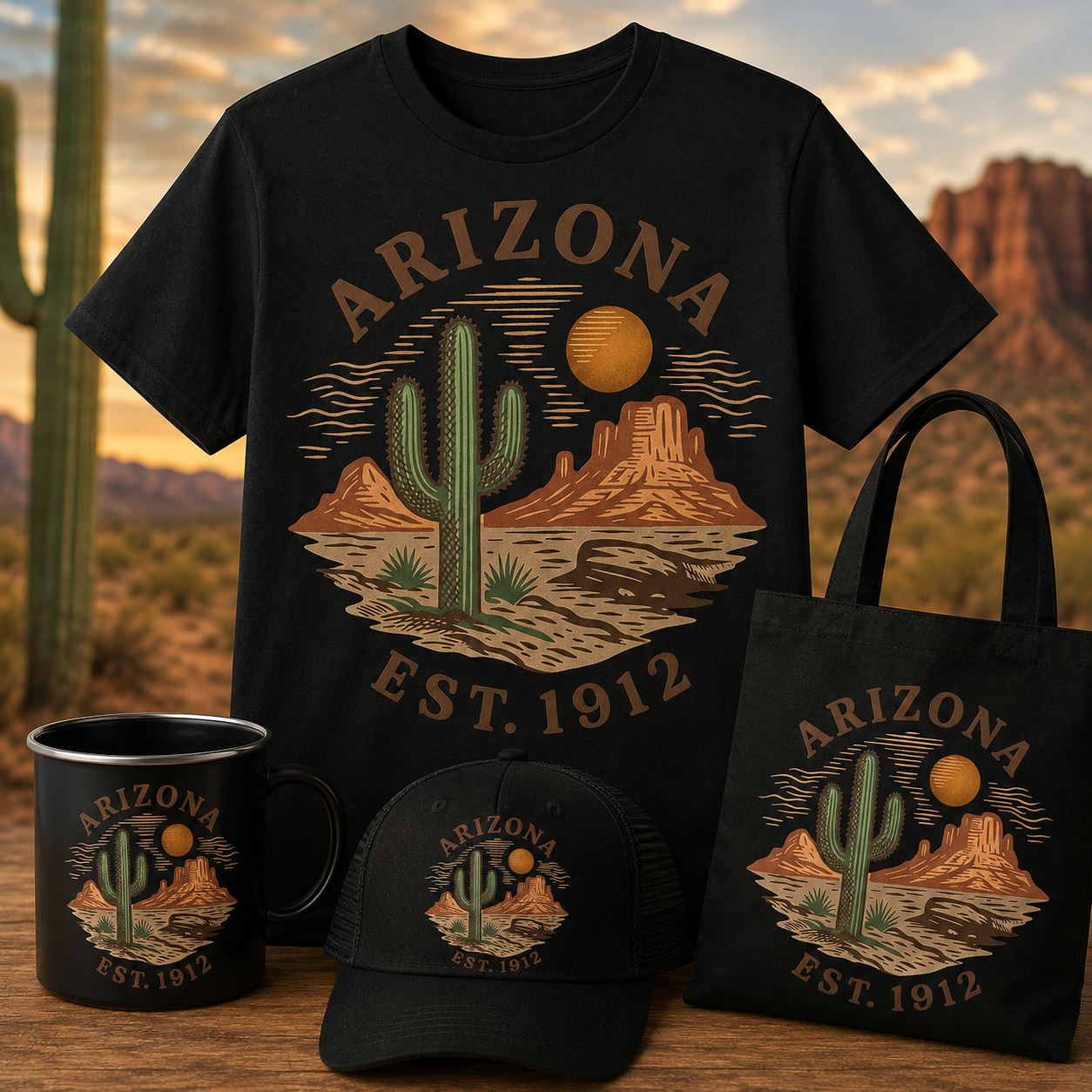 Arizona Desert Graphic Tee — 'Arizona Est. 1912' Cactus Sunset T-Shirt — front view