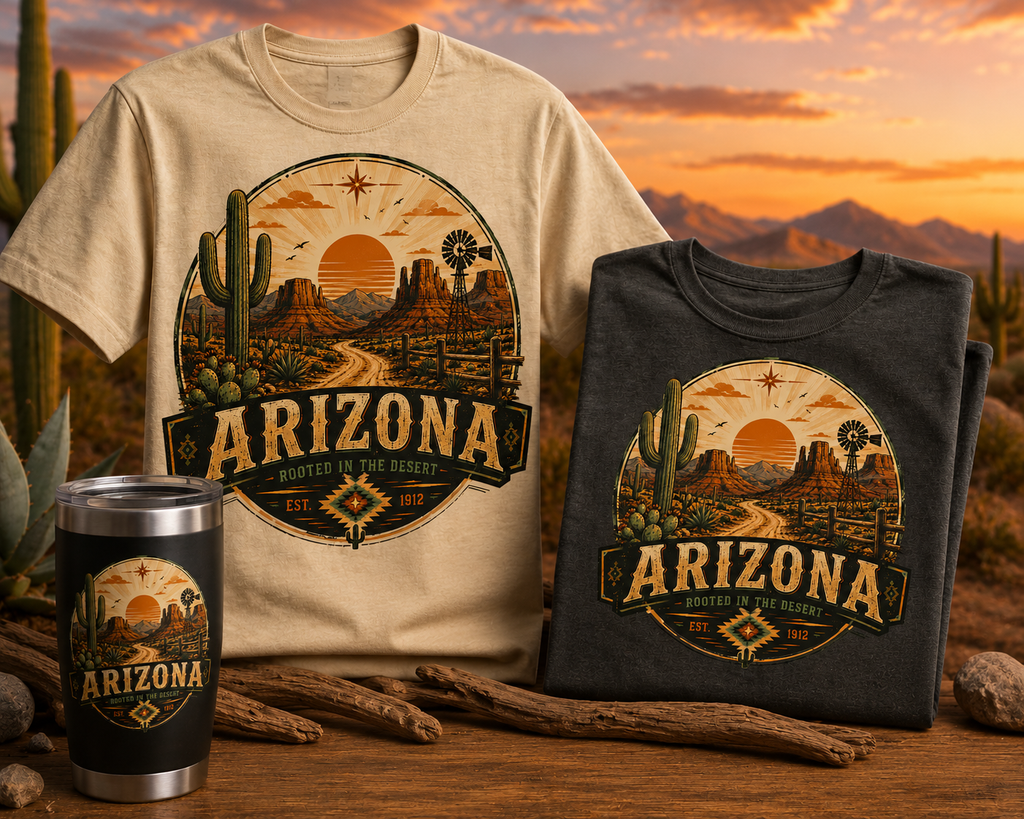 Arizona Desert Tee — Retro Sunset Cactus Arizona T-Shirt — front view