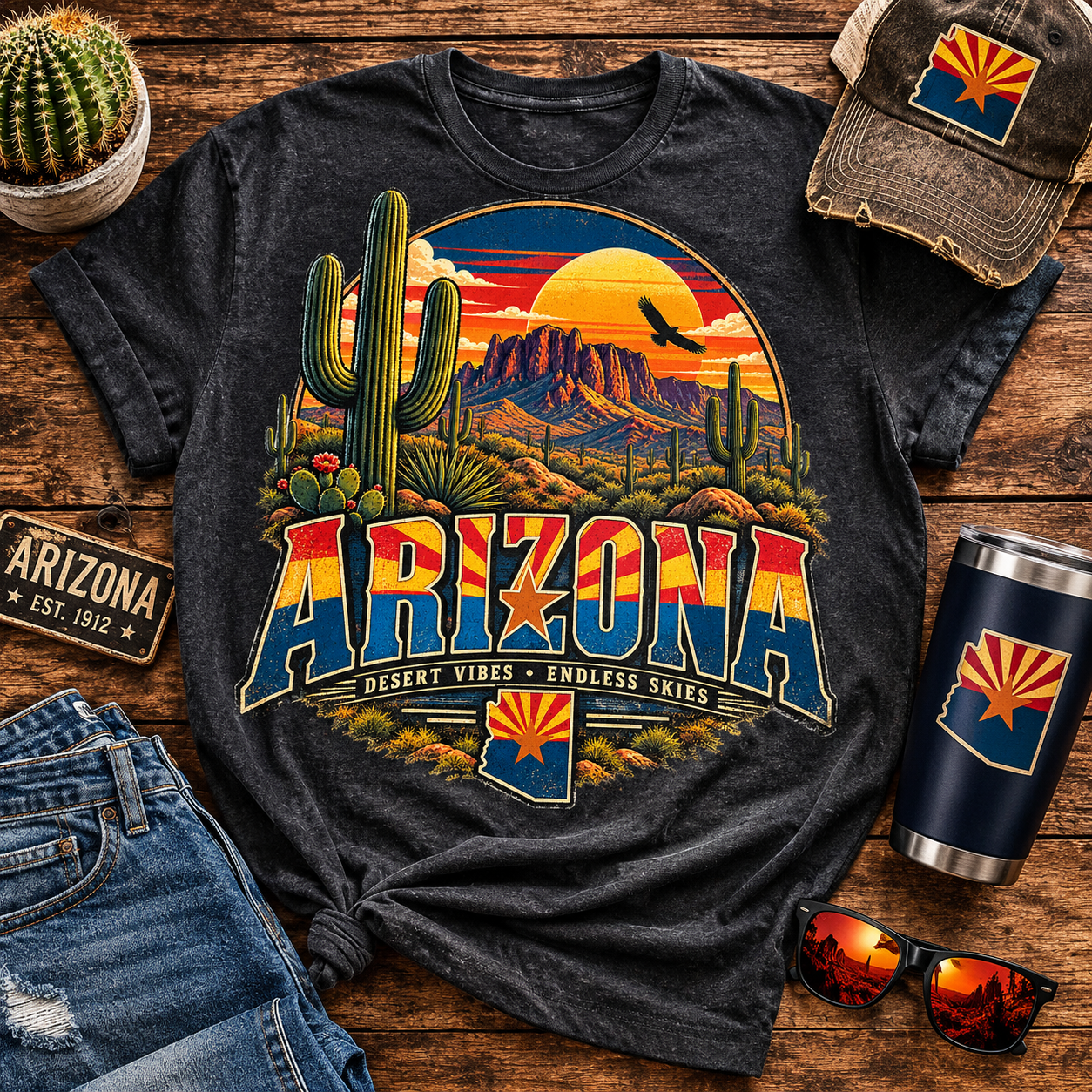 Arizona Desert Sunset Tee — Vintage Cactus Landscape T-Shirt — front view