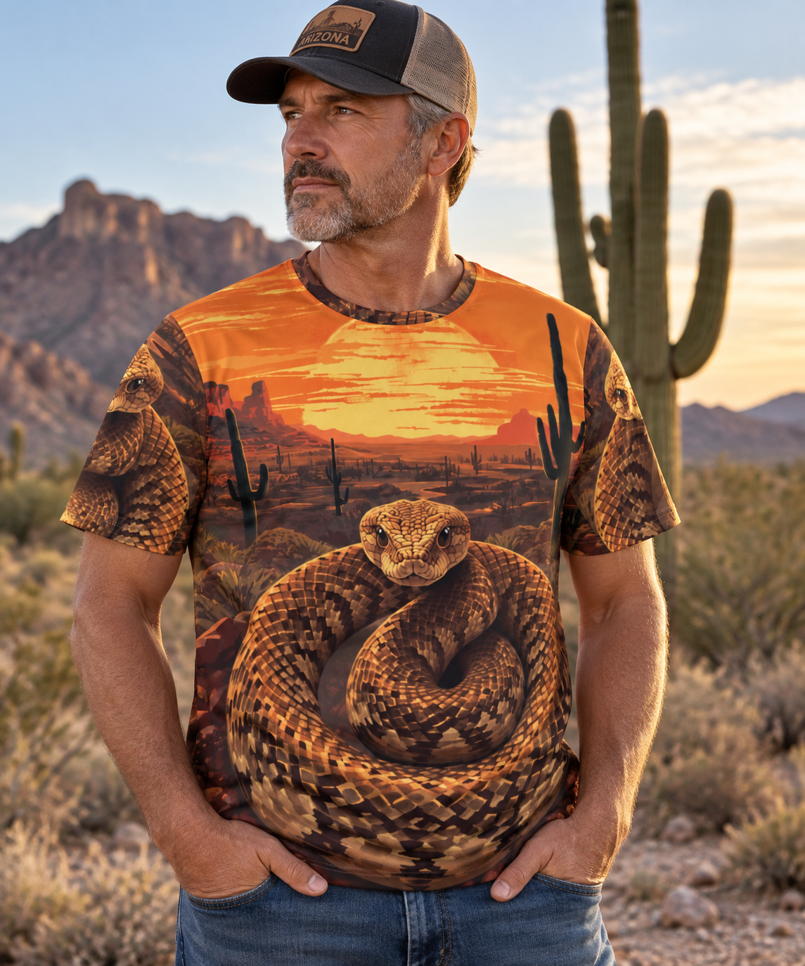 Desert Rattlesnake Sunset Tee — Men’s All-Over Print Snake T-Shirt — detail view