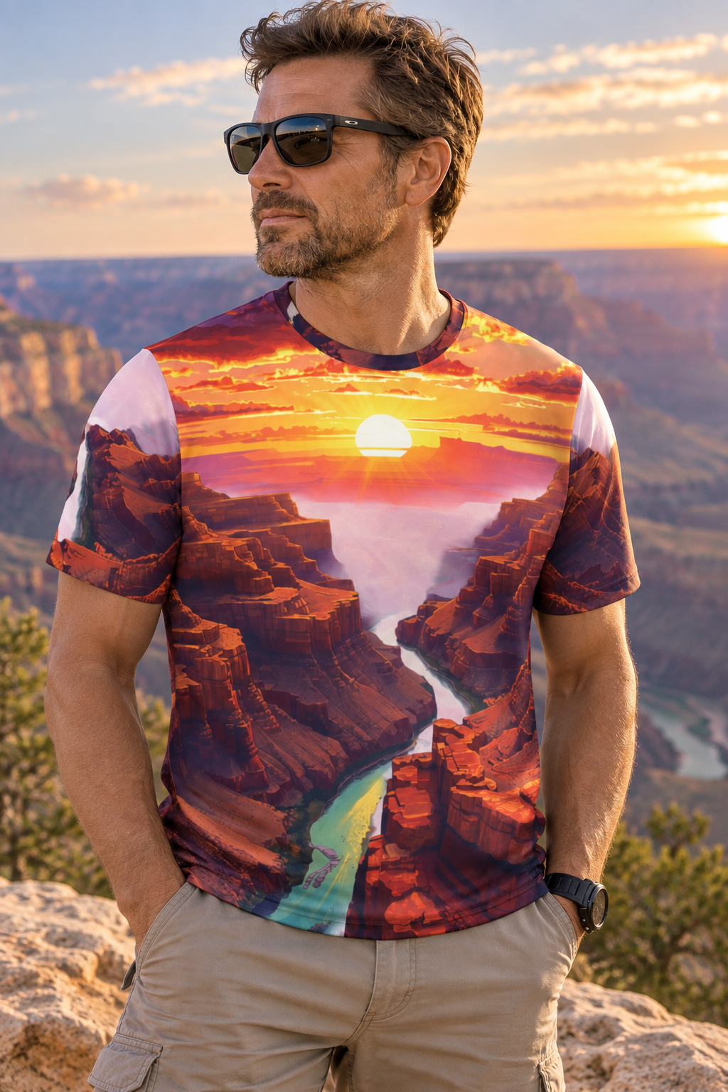 Grand Canyon Sunrise All-Over Print Tee — Arizona Desert Scenic — side view