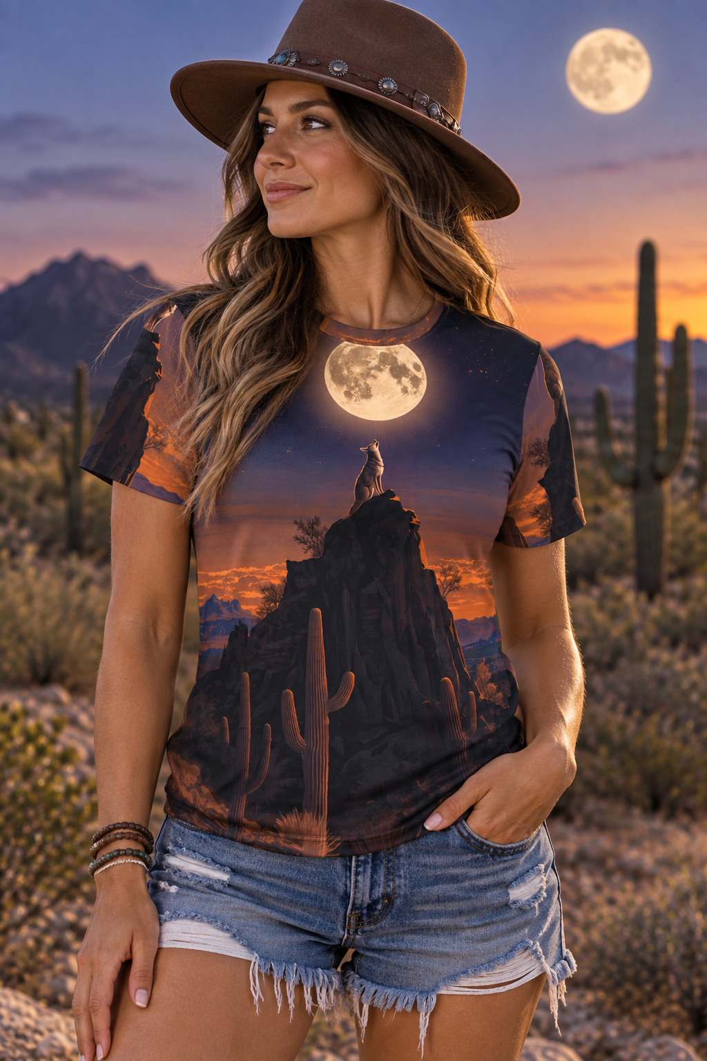 Desert Moonlight Coyote All-Over Print Tee — Arizona Night Sky — detail view