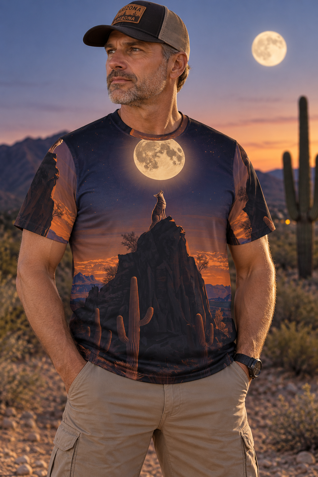 Desert Moonlight Coyote All-Over Print Tee — Arizona Night Sky — side view
