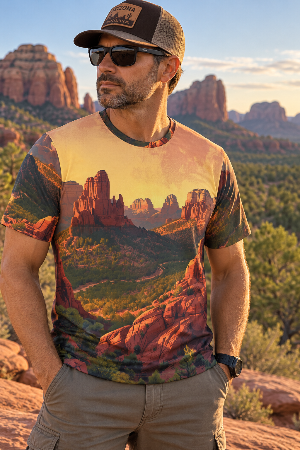 Sedona Red Rocks All-Over Print Tee — Arizona Desert Sunset — detail view