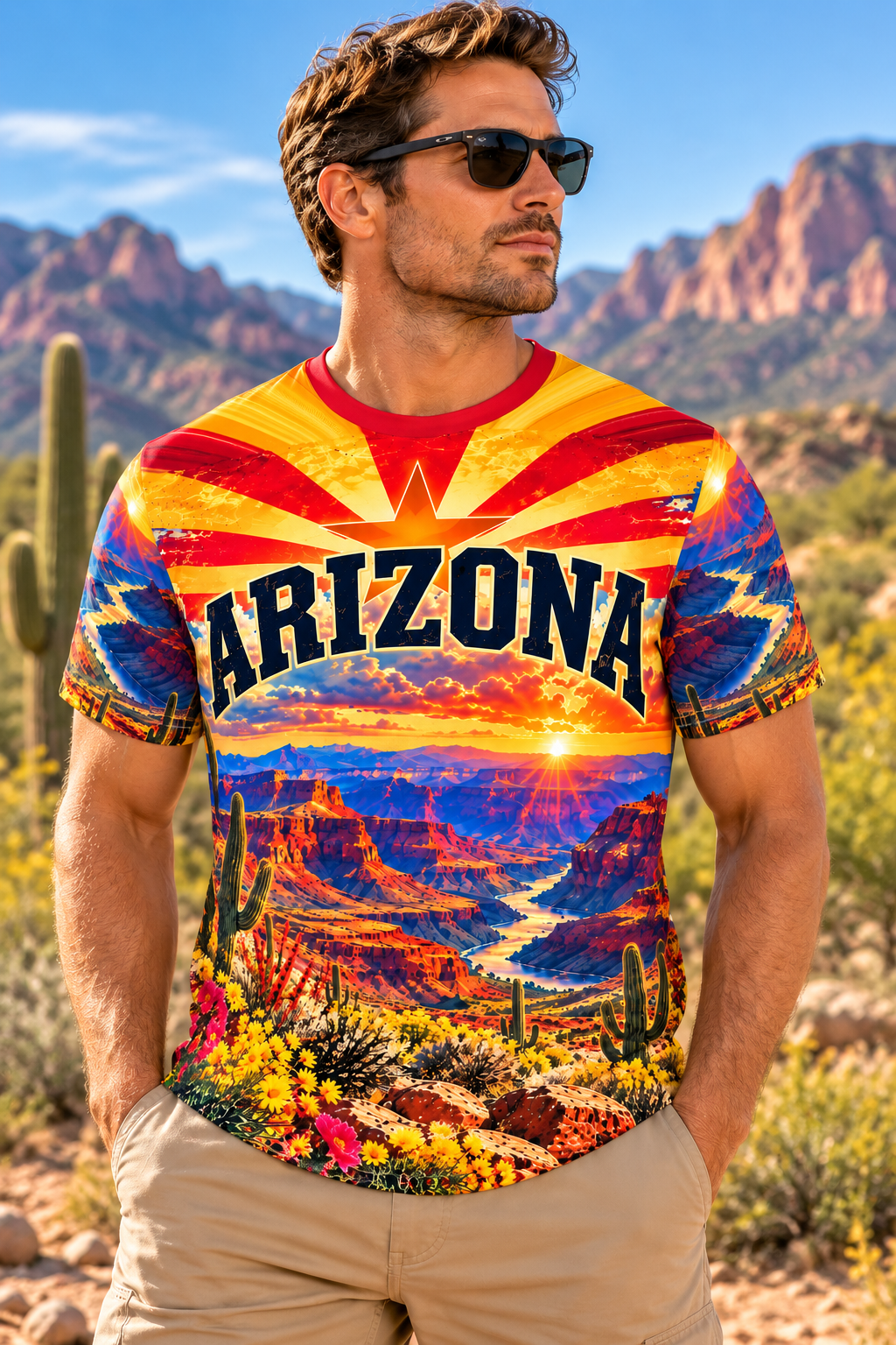 Arizona All-Over Print T-Shirt – Grand Canyon Sunset, State Flag Sunburst & Saguaro Cactus Tee