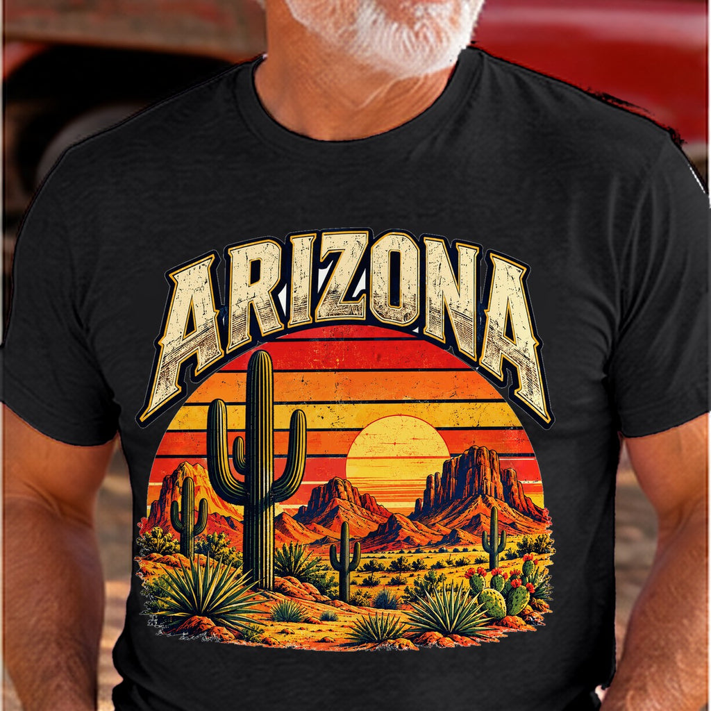 Man wearing black Arizona Saguaro Sunset T-Shirt
