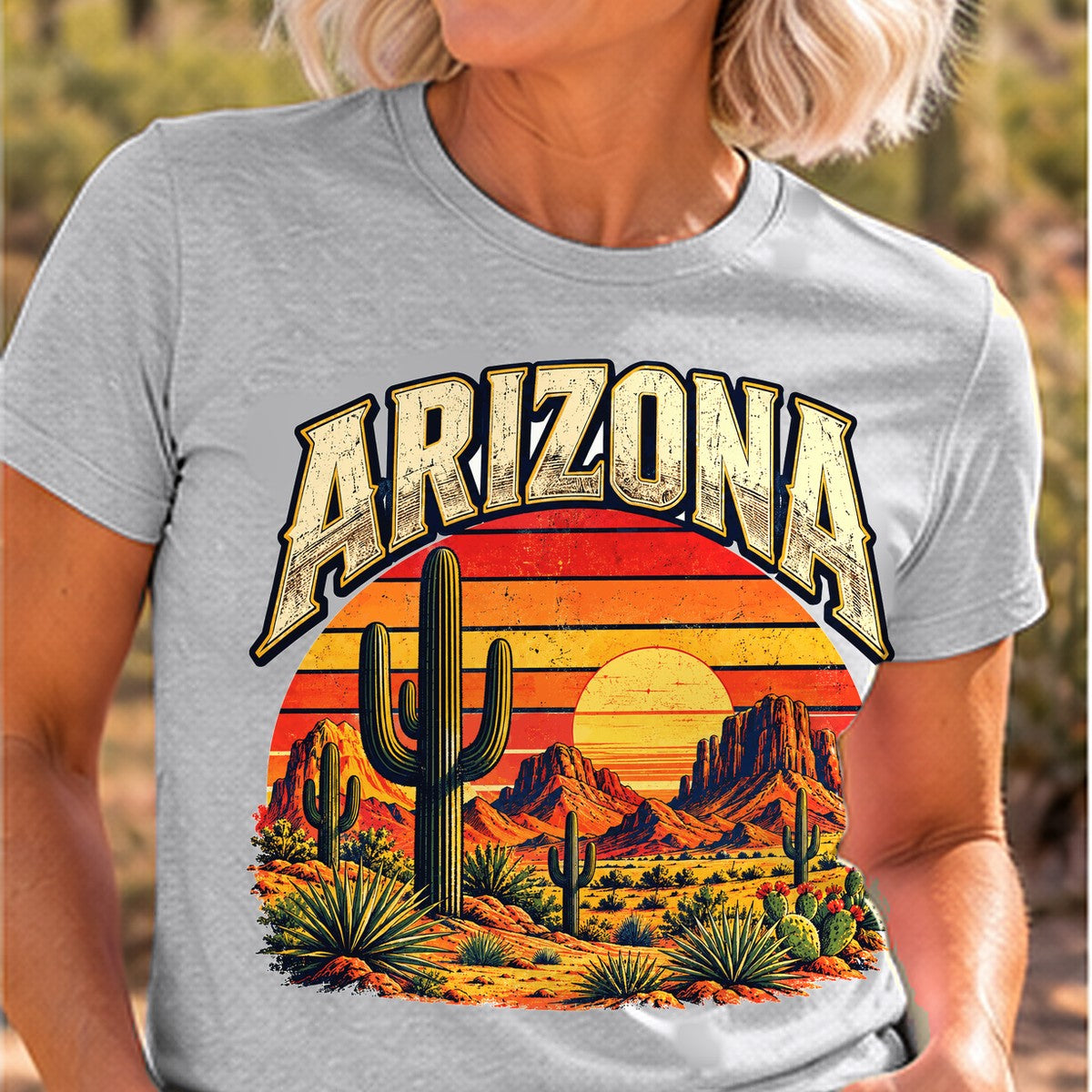 Woman wearing heather gray Arizona Saguaro Sunset T-Shirt