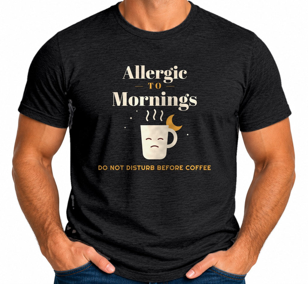 Man wearing black Allergic to Mornings T-shirt, funny night owl gift
