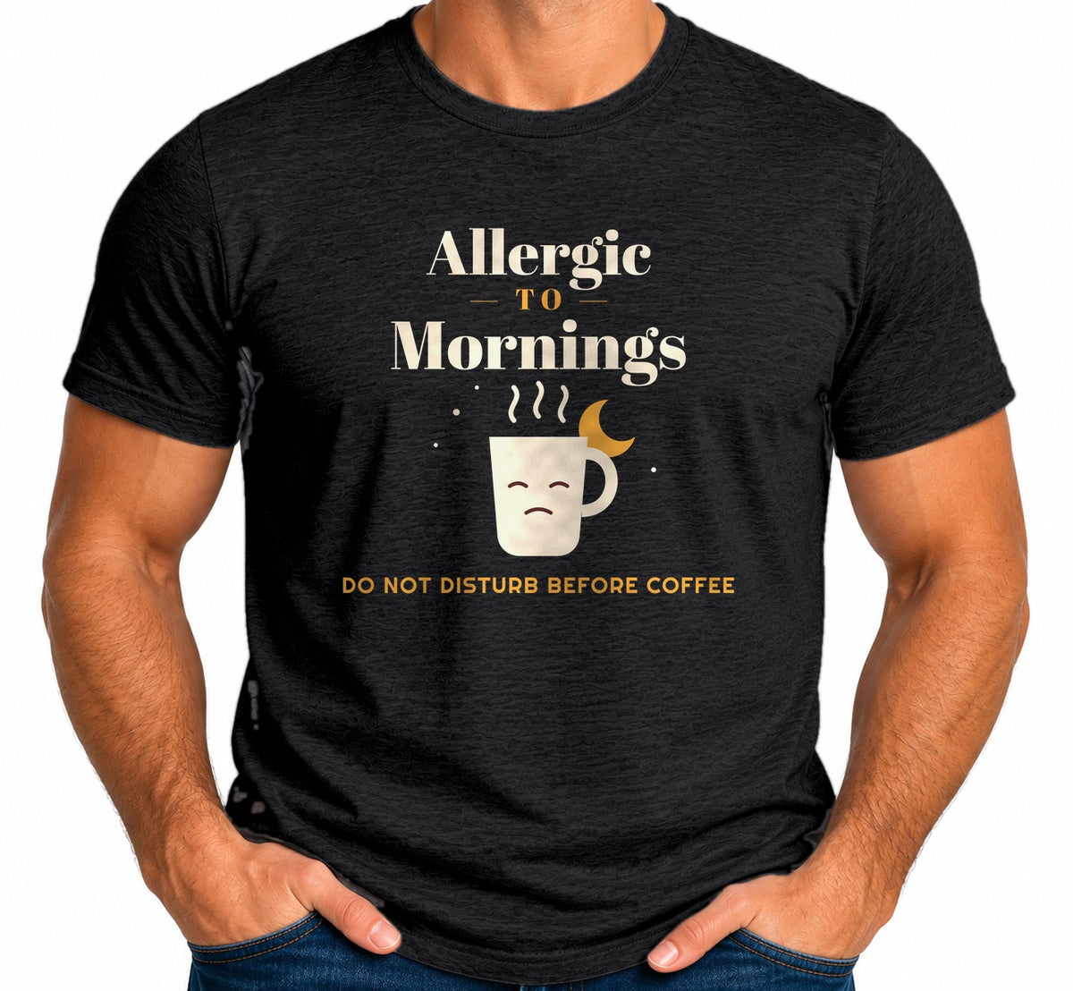 Man wearing black Allergic to Mornings T-shirt, funny night owl gift