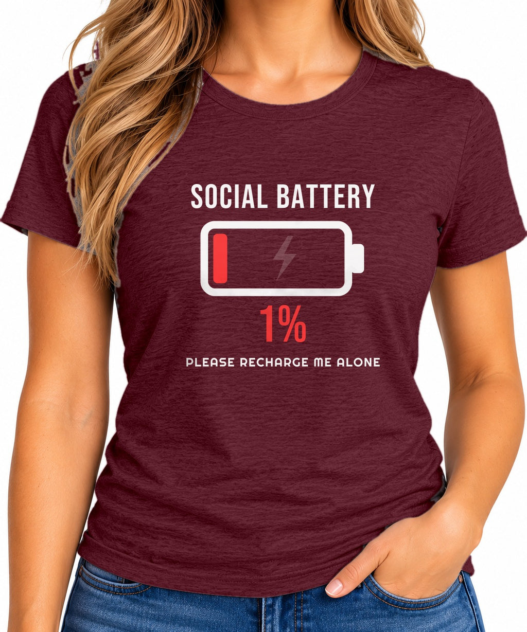 Social Battery 1% T-Shirt – Funny Introvert Low Battery Graphic Tee